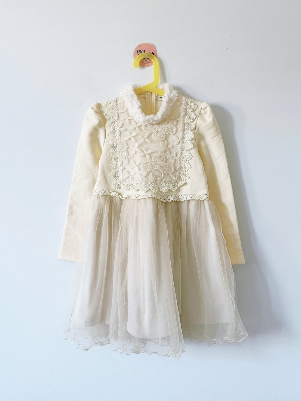 Domi Season Girl Cream Faux Fur Lace Tulle Tutu Long Sleeve Mesh Party Dress 5T